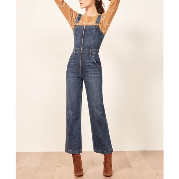 Reformation Jenny Zip Front Denim Jumpsuit Cropped Wide Leg Jean Overalls Kasai - Picture 7 of 13